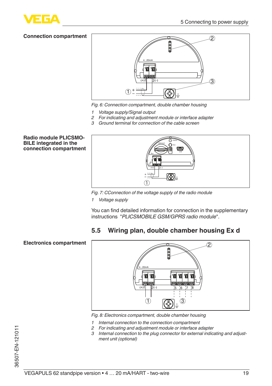 5 wiring plan, double chamber housing ex d | VEGA VEGAPULS 62 (≥ 2.0.0 - ≥ 4.0.0) standpipe ver. 4 … 20 mA_HART - two-wire User Manual | Page 19 / 64