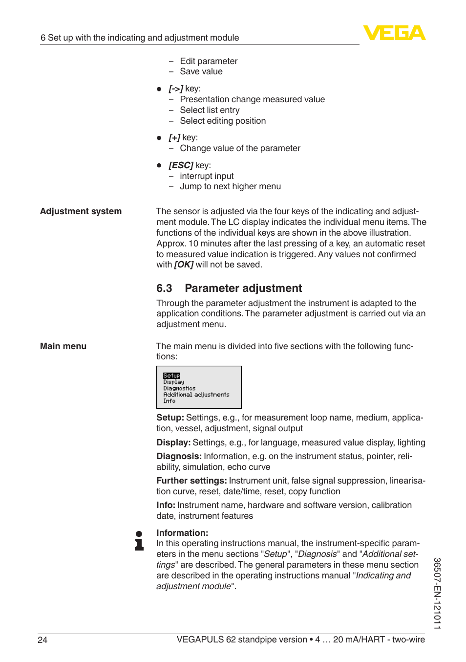 3 parameter adjustment | VEGA VEGAPULS 62 (≥ 2.0.0 - ≥ 4.0.0) standpipe ver. 4 … 20 mA_HART - two-wire User Manual | Page 24 / 64