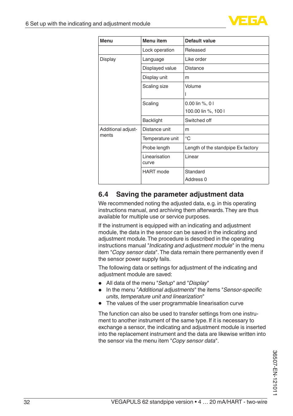 4 saving the parameter adjustment data | VEGA VEGAPULS 62 (≥ 2.0.0 - ≥ 4.0.0) standpipe ver. 4 … 20 mA_HART - two-wire User Manual | Page 32 / 64