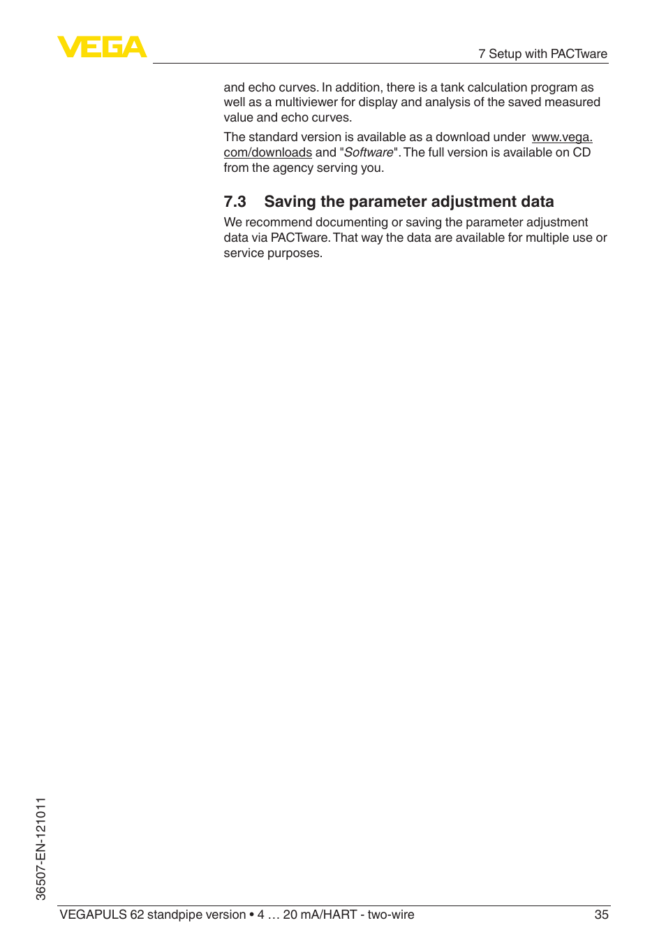 3 saving the parameter adjustment data | VEGA VEGAPULS 62 (≥ 2.0.0 - ≥ 4.0.0) standpipe ver. 4 … 20 mA_HART - two-wire User Manual | Page 35 / 64