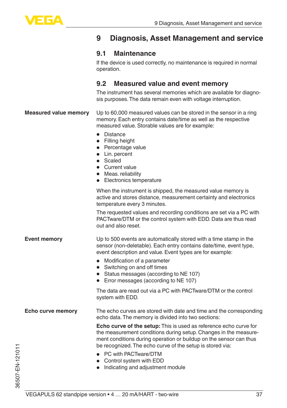 9 diagnosis, asset management and service, 1 maintenance, 2 measured value and event memory | VEGA VEGAPULS 62 (≥ 2.0.0 - ≥ 4.0.0) standpipe ver. 4 … 20 mA_HART - two-wire User Manual | Page 37 / 64