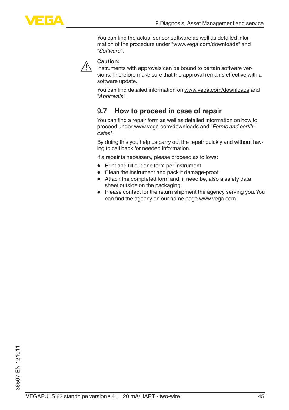 7 how to proceed in case of repair | VEGA VEGAPULS 62 (≥ 2.0.0 - ≥ 4.0.0) standpipe ver. 4 … 20 mA_HART - two-wire User Manual | Page 45 / 64