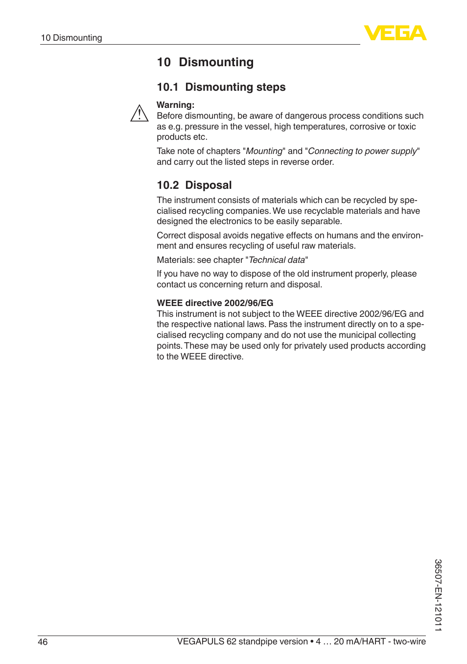 10 dismounting, 1 dismounting steps, 2 disposal | VEGA VEGAPULS 62 (≥ 2.0.0 - ≥ 4.0.0) standpipe ver. 4 … 20 mA_HART - two-wire User Manual | Page 46 / 64