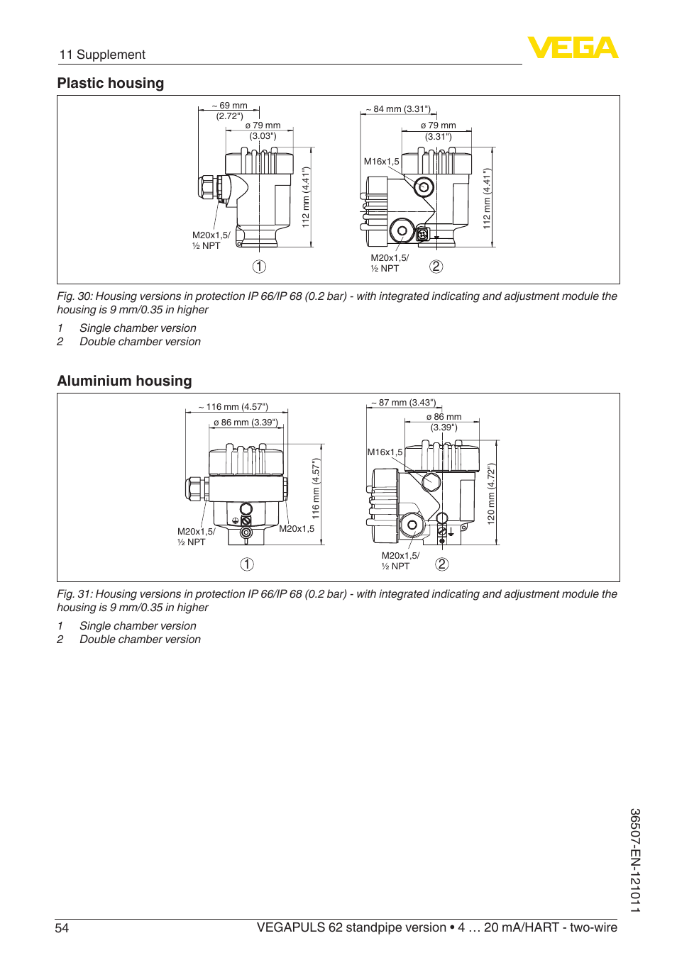 Plastic housing, Aluminium housing | VEGA VEGAPULS 62 (≥ 2.0.0 - ≥ 4.0.0) standpipe ver. 4 … 20 mA_HART - two-wire User Manual | Page 54 / 64