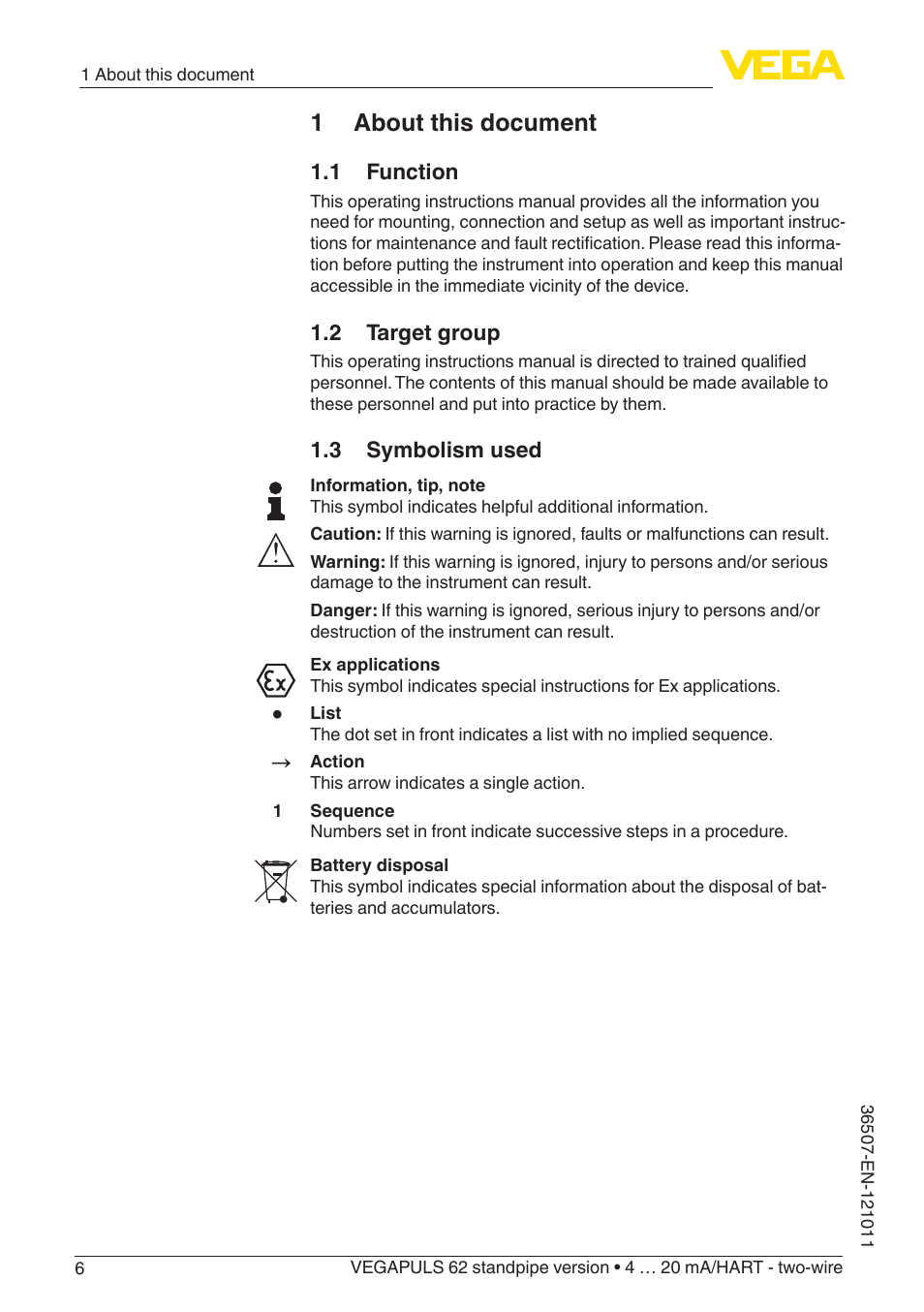 1 about this document, 1 function, 2 target group | 3 symbolism used | VEGA VEGAPULS 62 (≥ 2.0.0 - ≥ 4.0.0) standpipe ver. 4 … 20 mA_HART - two-wire User Manual | Page 6 / 64