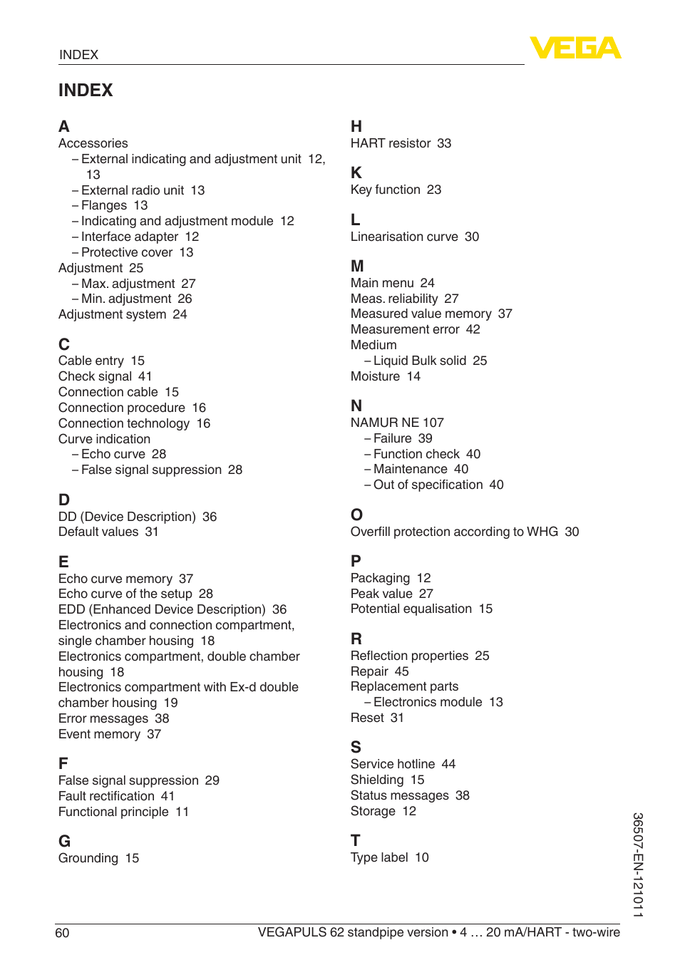 Index | VEGA VEGAPULS 62 (≥ 2.0.0 - ≥ 4.0.0) standpipe ver. 4 … 20 mA_HART - two-wire User Manual | Page 60 / 64