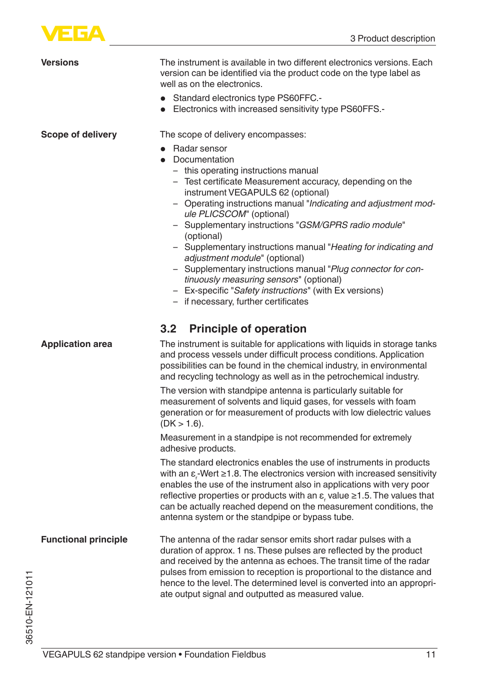 2 principle of operation | VEGA VEGAPULS 62 (≥ 2.0.0 - ≥ 4.0.0) standpipe ver. Foundation Fieldbus User Manual | Page 11 / 68