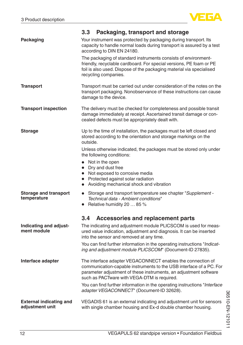 3 packaging, transport and storage, 4 accessories and replacement parts | VEGA VEGAPULS 62 (≥ 2.0.0 - ≥ 4.0.0) standpipe ver. Foundation Fieldbus User Manual | Page 12 / 68