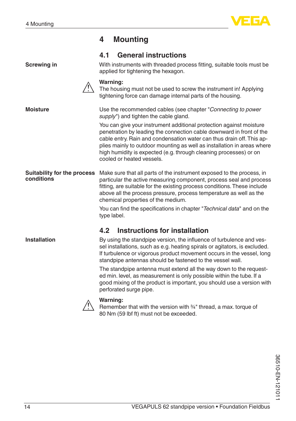 4 mounting, 1 general instructions, 2 instructions for installation | VEGA VEGAPULS 62 (≥ 2.0.0 - ≥ 4.0.0) standpipe ver. Foundation Fieldbus User Manual | Page 14 / 68