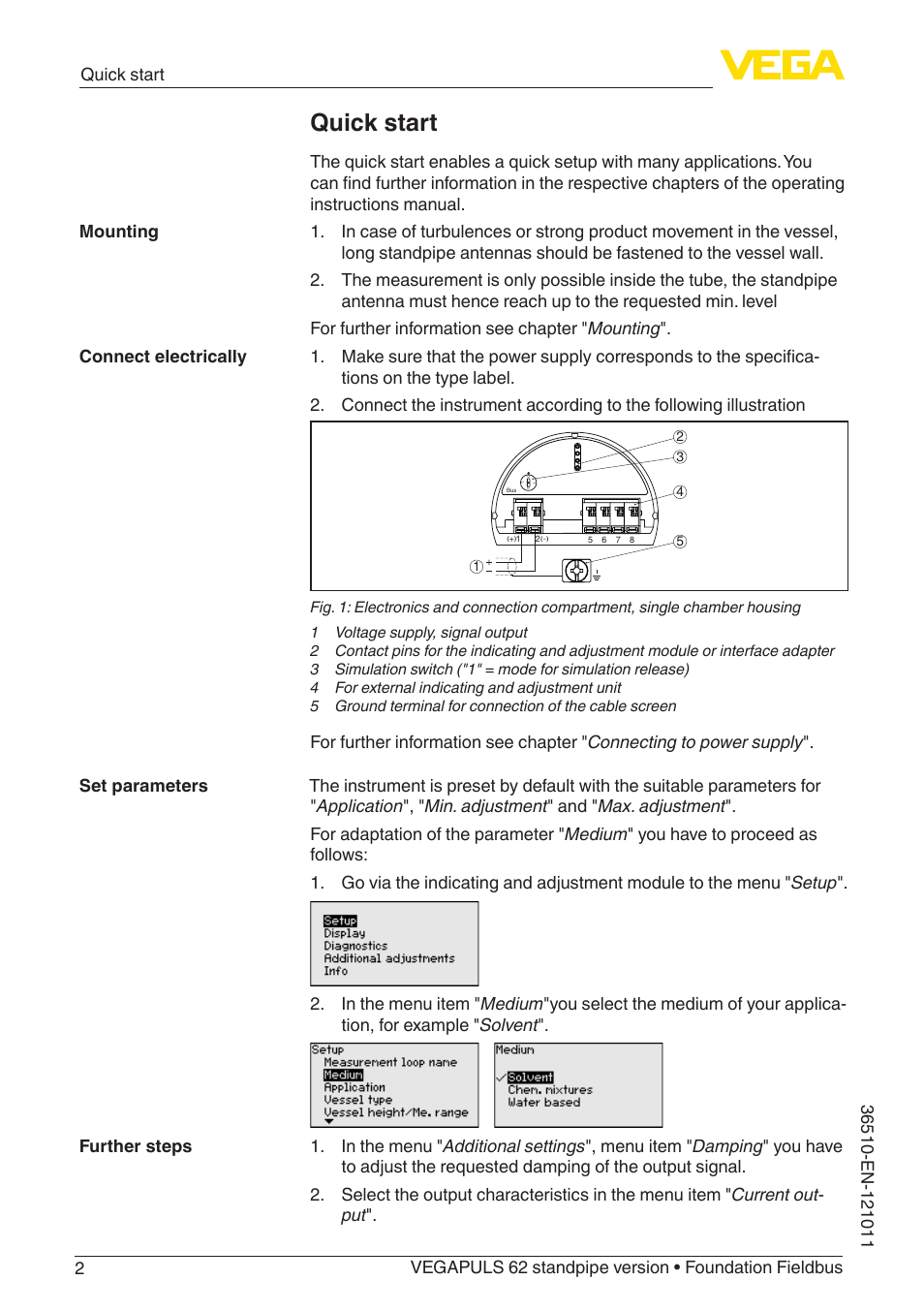 Quick start | VEGA VEGAPULS 62 (≥ 2.0.0 - ≥ 4.0.0) standpipe ver. Foundation Fieldbus User Manual | Page 2 / 68