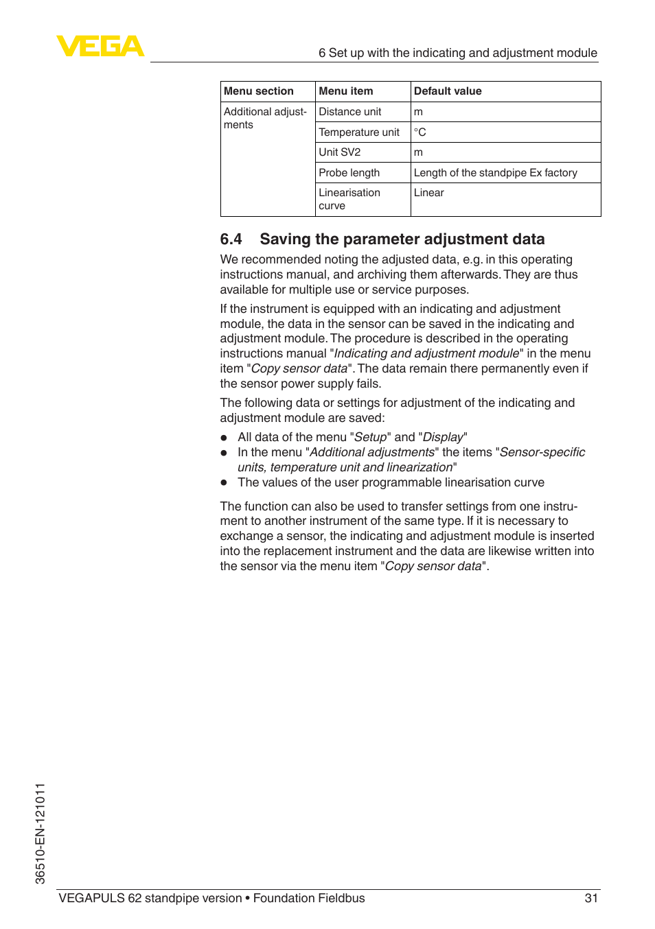 4 saving the parameter adjustment data | VEGA VEGAPULS 62 (≥ 2.0.0 - ≥ 4.0.0) standpipe ver. Foundation Fieldbus User Manual | Page 31 / 68