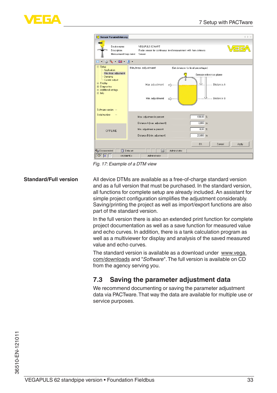 3 saving the parameter adjustment data | VEGA VEGAPULS 62 (≥ 2.0.0 - ≥ 4.0.0) standpipe ver. Foundation Fieldbus User Manual | Page 33 / 68