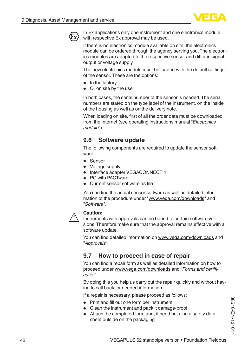 6 software update, 7 how to proceed in case of repair | VEGA VEGAPULS 62 (≥ 2.0.0 - ≥ 4.0.0) standpipe ver. Foundation Fieldbus User Manual | Page 42 / 68
