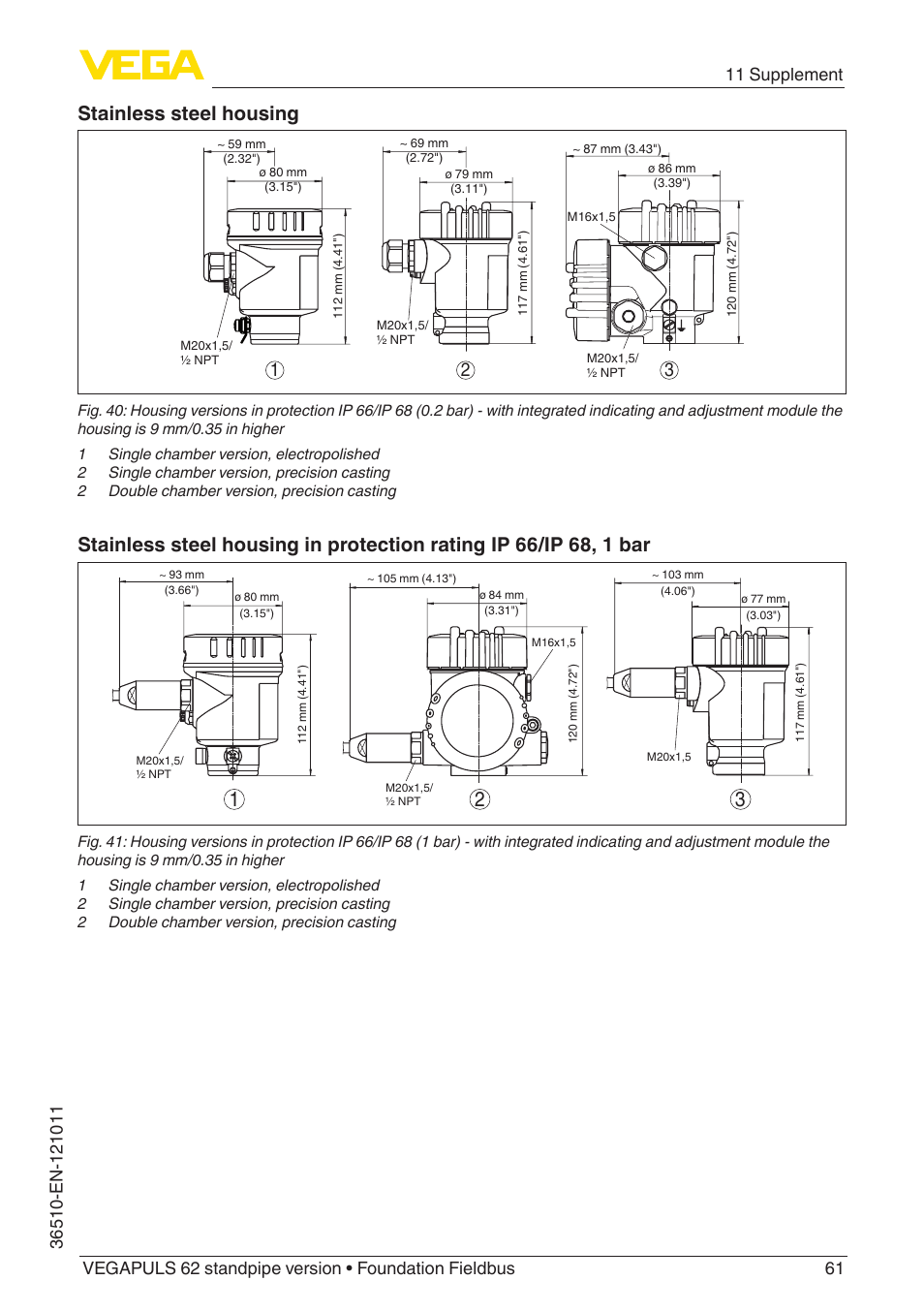 Stainless steel housing | VEGA VEGAPULS 62 (≥ 2.0.0 - ≥ 4.0.0) standpipe ver. Foundation Fieldbus User Manual | Page 61 / 68
