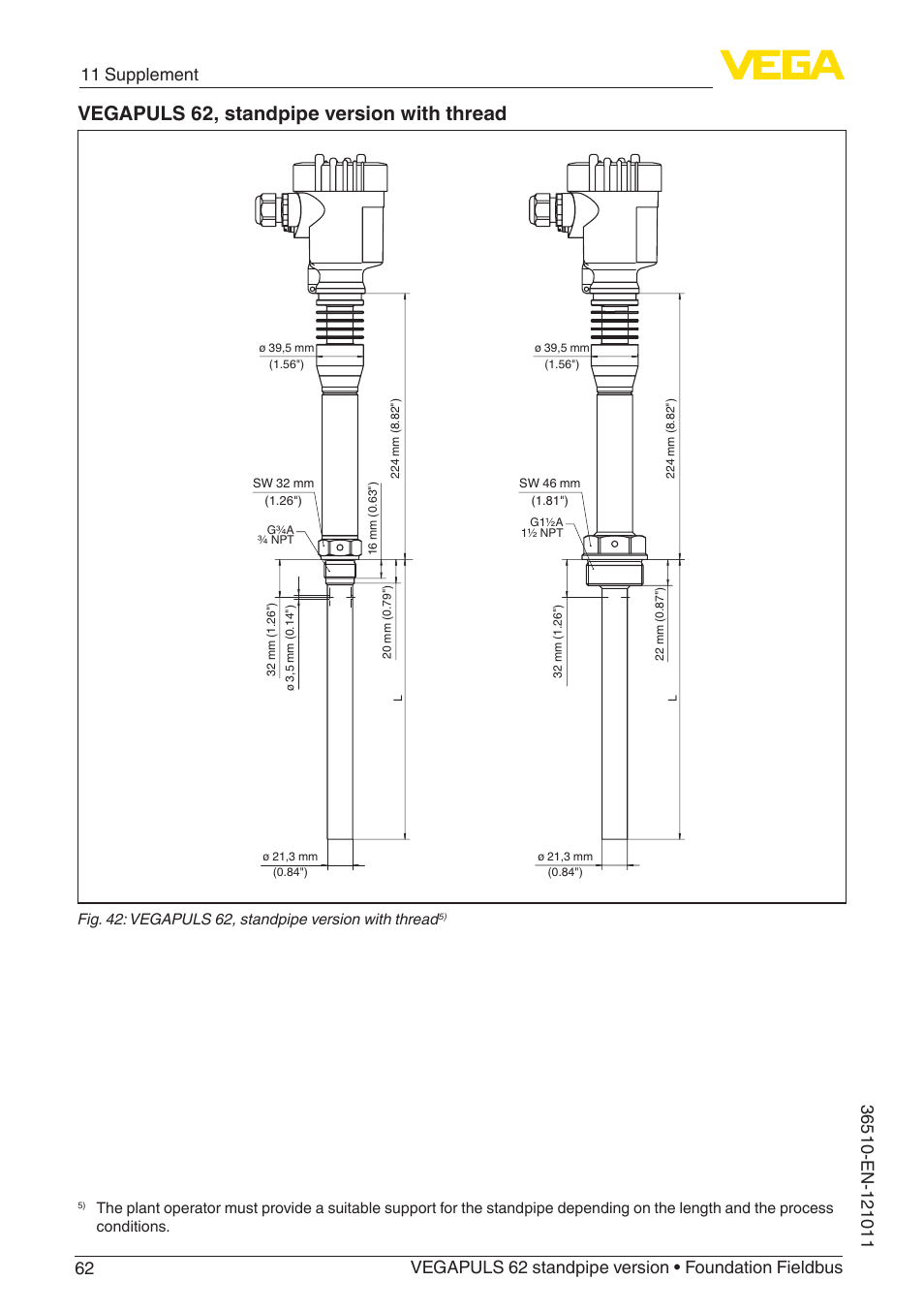 Vegapuls 62, standpipe version with thread | VEGA VEGAPULS 62 (≥ 2.0.0 - ≥ 4.0.0) standpipe ver. Foundation Fieldbus User Manual | Page 62 / 68