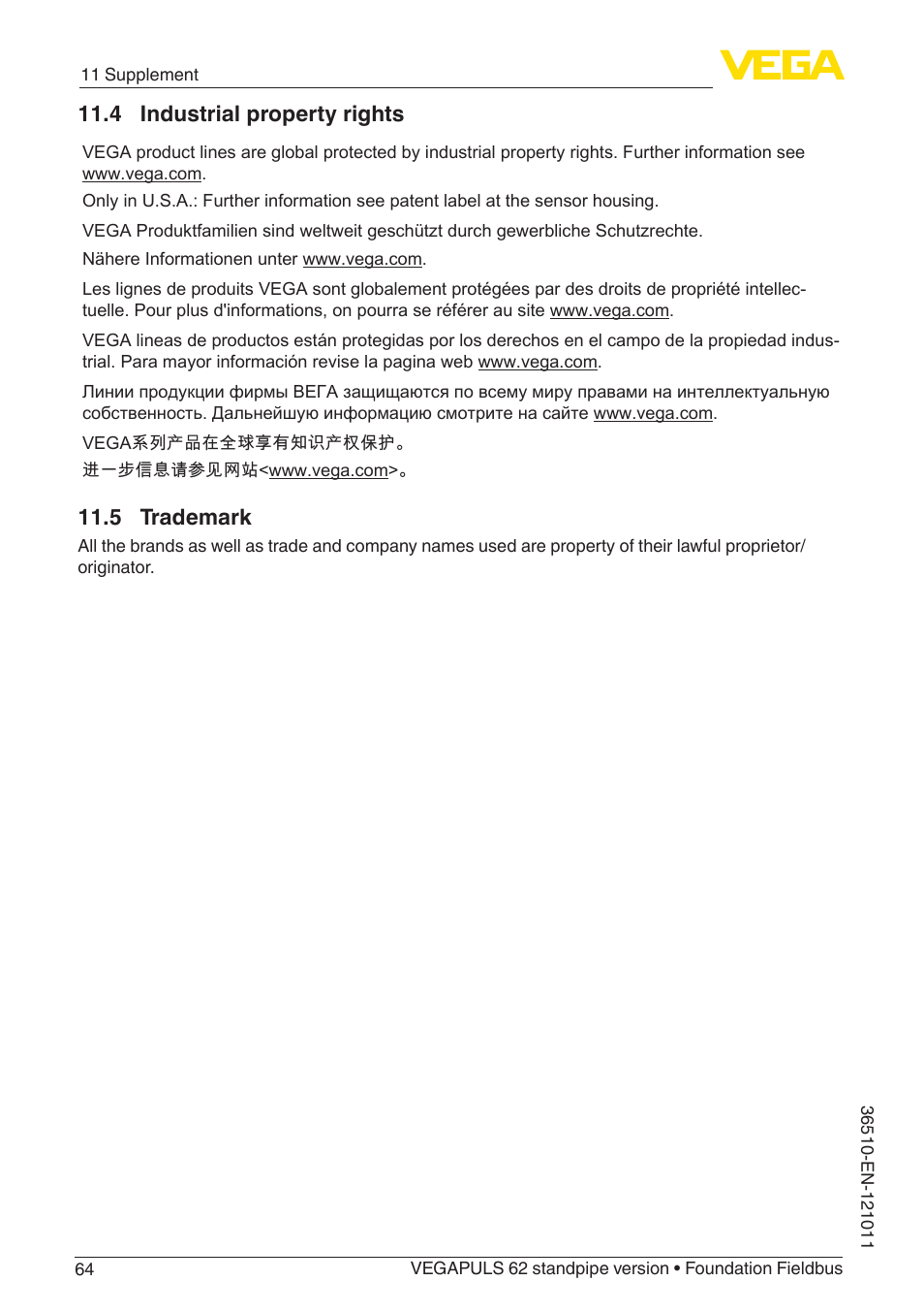 4 industrial property rights, 5 trademark | VEGA VEGAPULS 62 (≥ 2.0.0 - ≥ 4.0.0) standpipe ver. Foundation Fieldbus User Manual | Page 64 / 68
