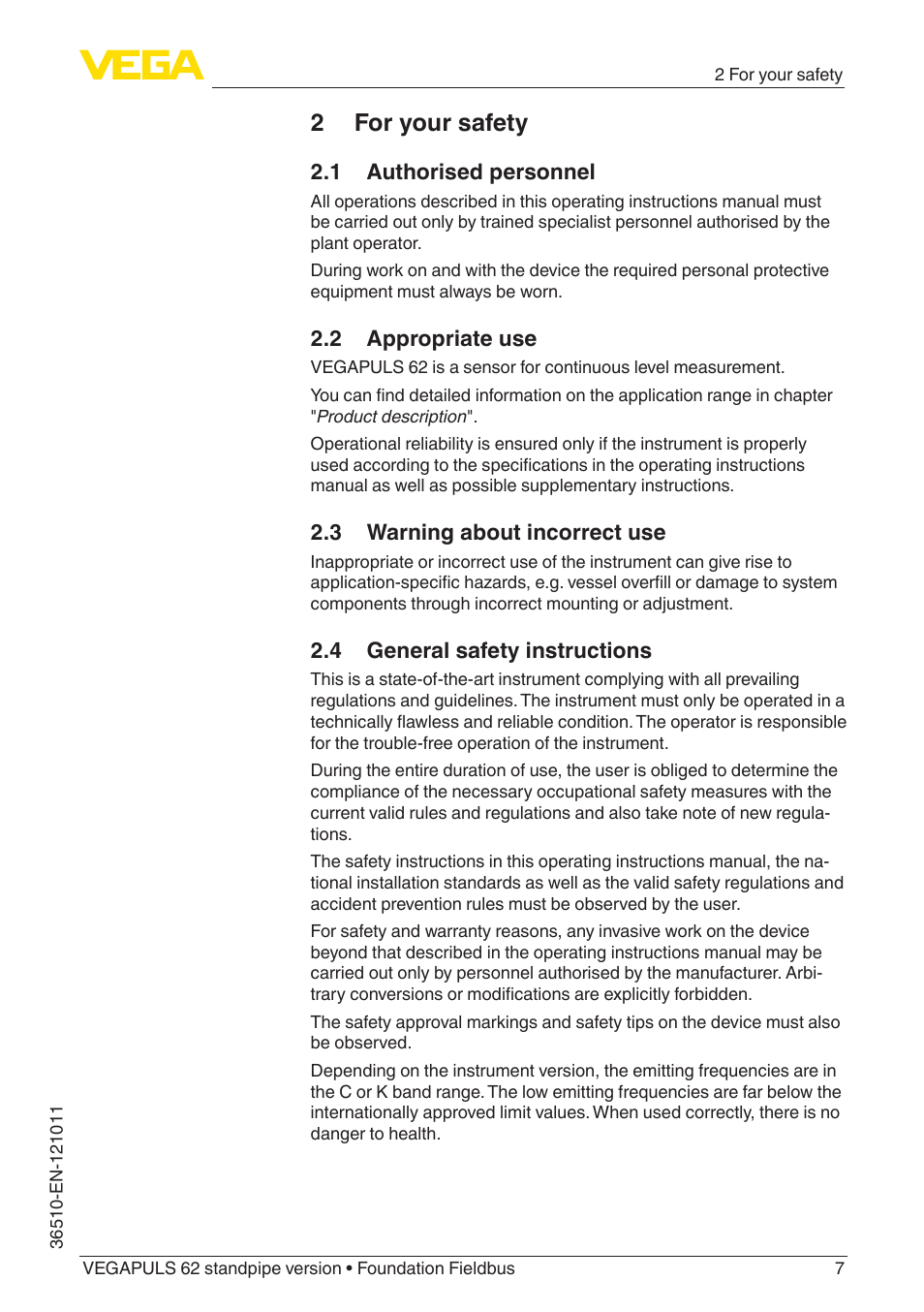 2 for your safety, 1 authorised personnel, 2 appropriate use | 3 warning about incorrect use, 4 general safety instructions | VEGA VEGAPULS 62 (≥ 2.0.0 - ≥ 4.0.0) standpipe ver. Foundation Fieldbus User Manual | Page 7 / 68