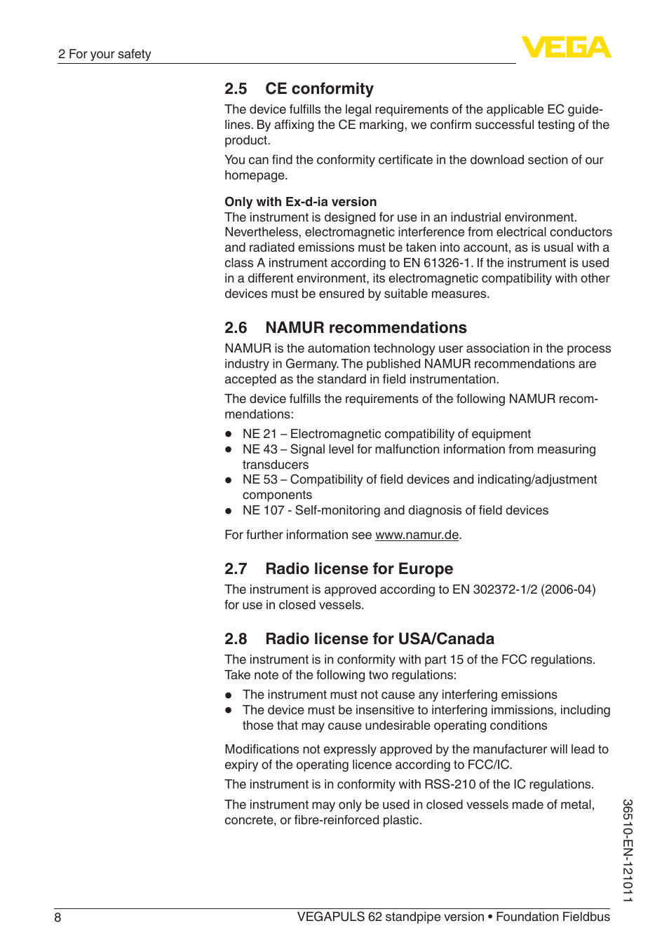 5 ce conformity, 6 namur recommendations, 7 radio license for europe | 8 radio license for usa/canada | VEGA VEGAPULS 62 (≥ 2.0.0 - ≥ 4.0.0) standpipe ver. Foundation Fieldbus User Manual | Page 8 / 68