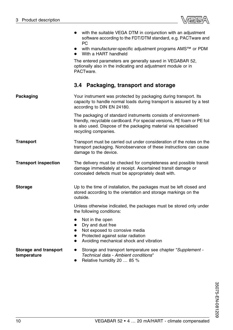 4 packaging, transport and storage | VEGA VEGABAR 52 - climate compensated User Manual | Page 10 / 88