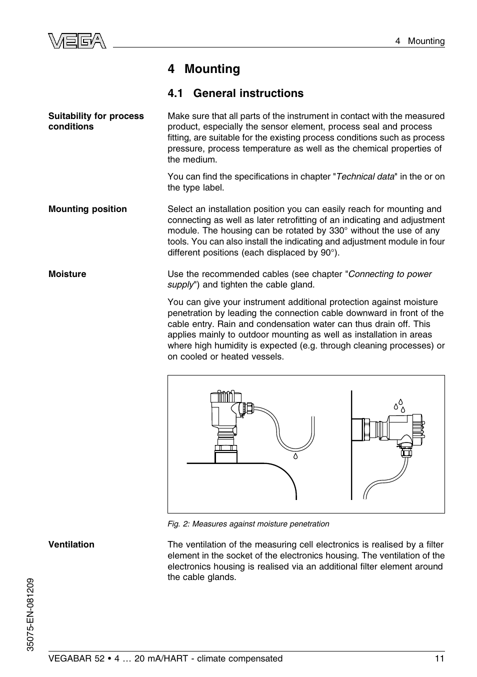 4 mounting, 1 general instructions | VEGA VEGABAR 52 - climate compensated User Manual | Page 11 / 88
