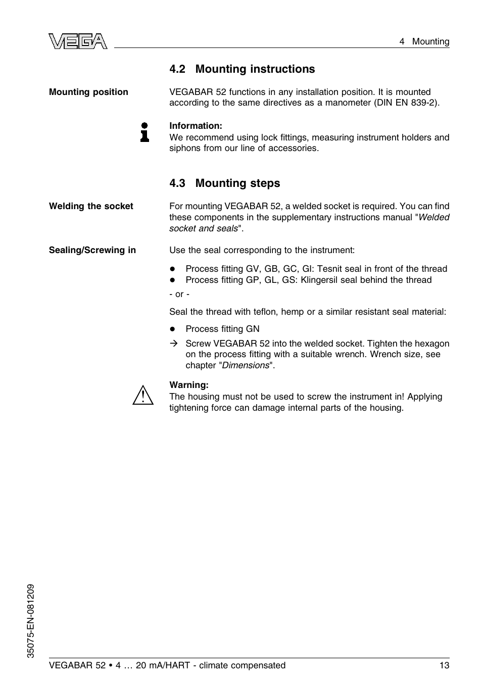 2 mounting instructions, 3 mounting steps | VEGA VEGABAR 52 - climate compensated User Manual | Page 13 / 88