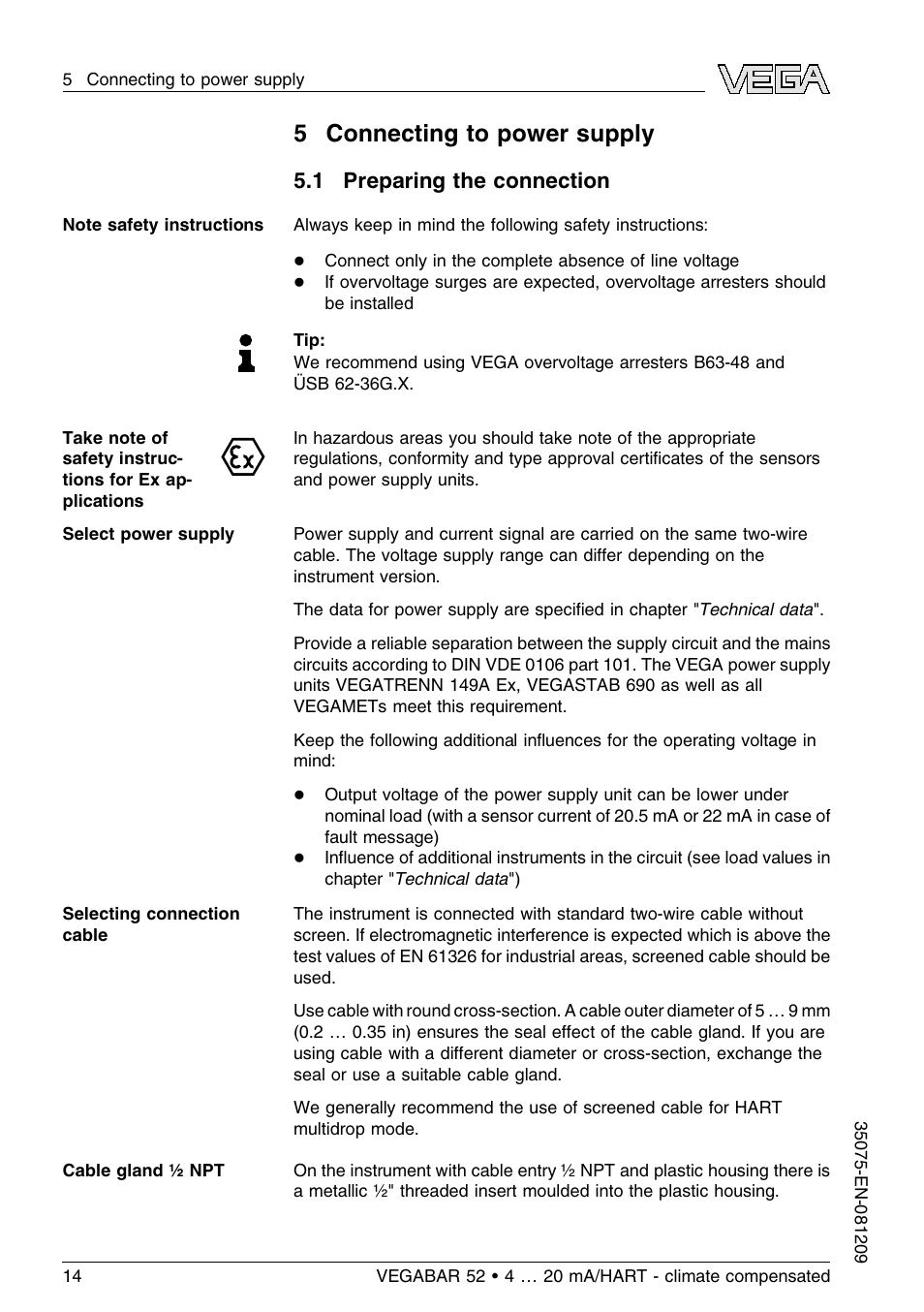 5 connecting to power supply, 1 preparing the connection | VEGA VEGABAR 52 - climate compensated User Manual | Page 14 / 88