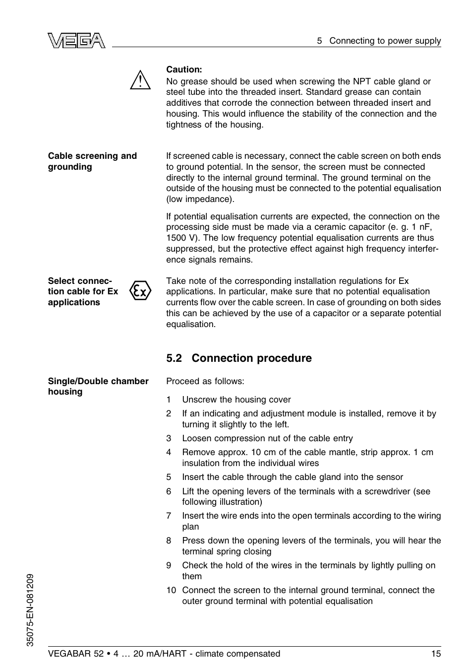 2 connection procedure | VEGA VEGABAR 52 - climate compensated User Manual | Page 15 / 88