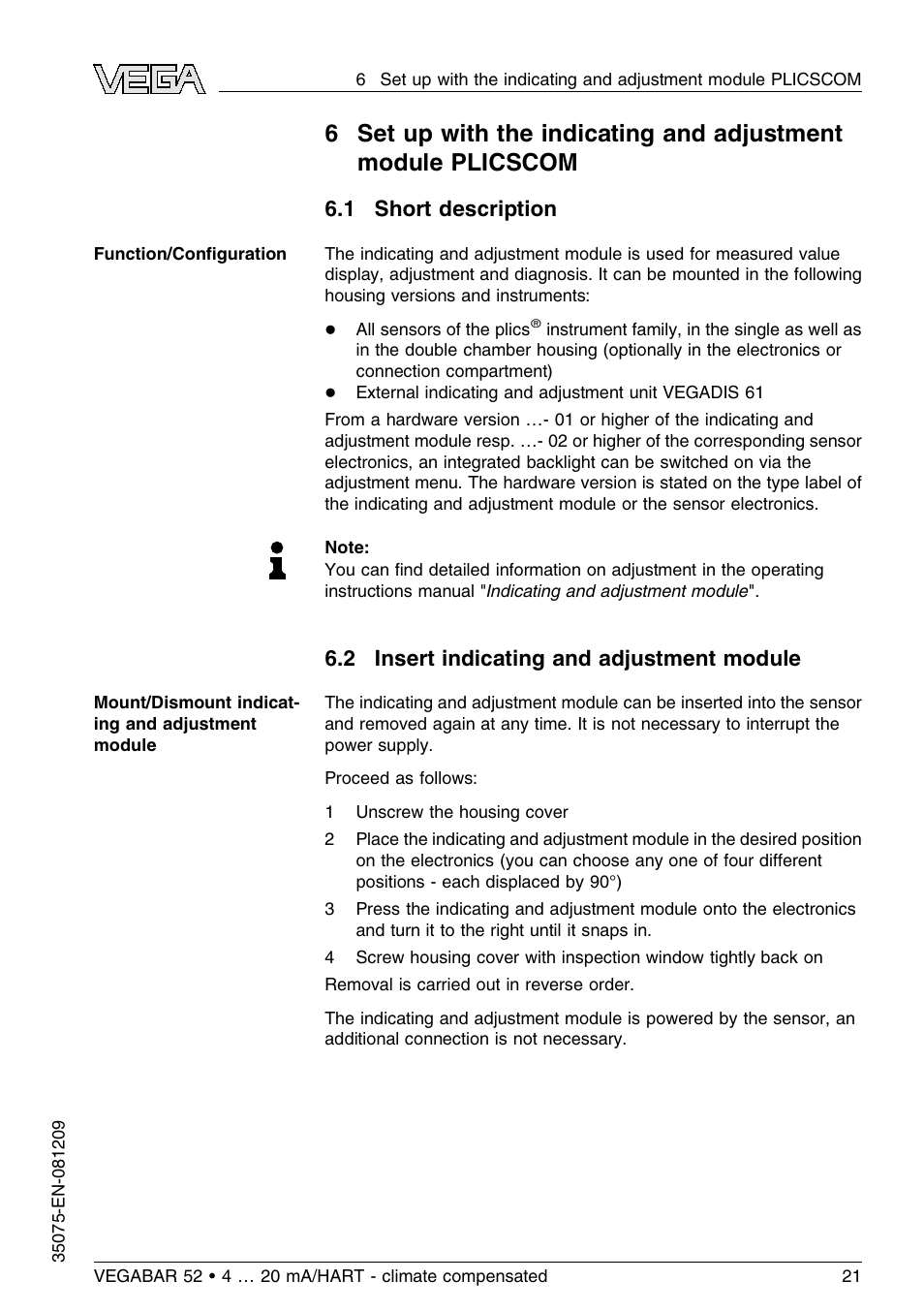 1 short description, 2 insert indicating and adjustment module | VEGA VEGABAR 52 - climate compensated User Manual | Page 21 / 88