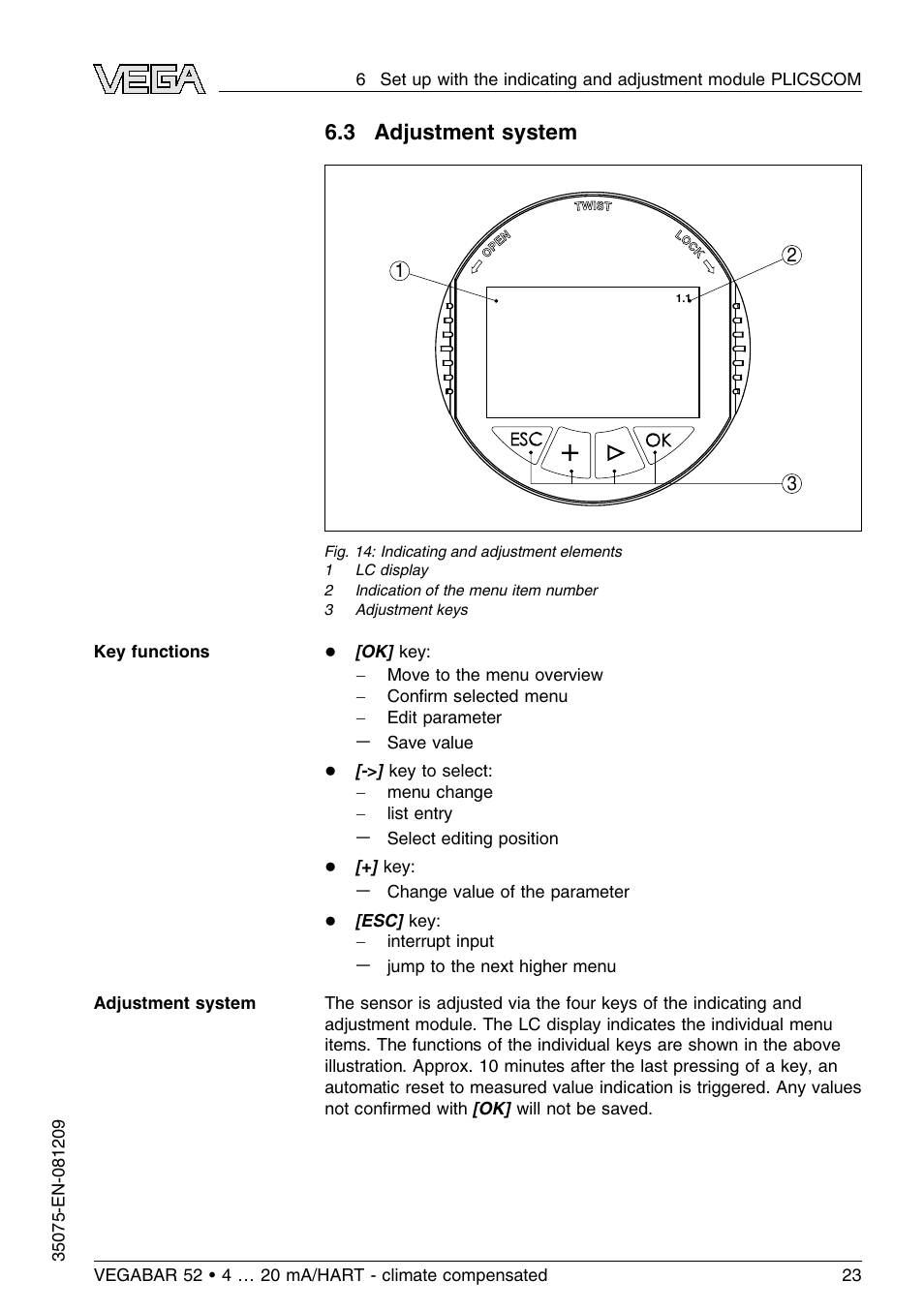 3 adjustment system | VEGA VEGABAR 52 - climate compensated User Manual | Page 23 / 88