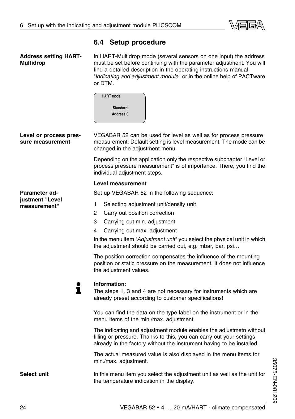 4 setup procedure | VEGA VEGABAR 52 - climate compensated User Manual | Page 24 / 88