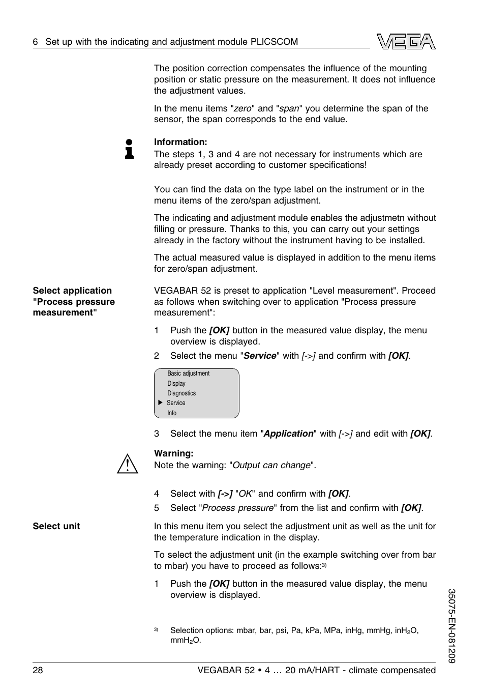 VEGA VEGABAR 52 - climate compensated User Manual | Page 28 / 88