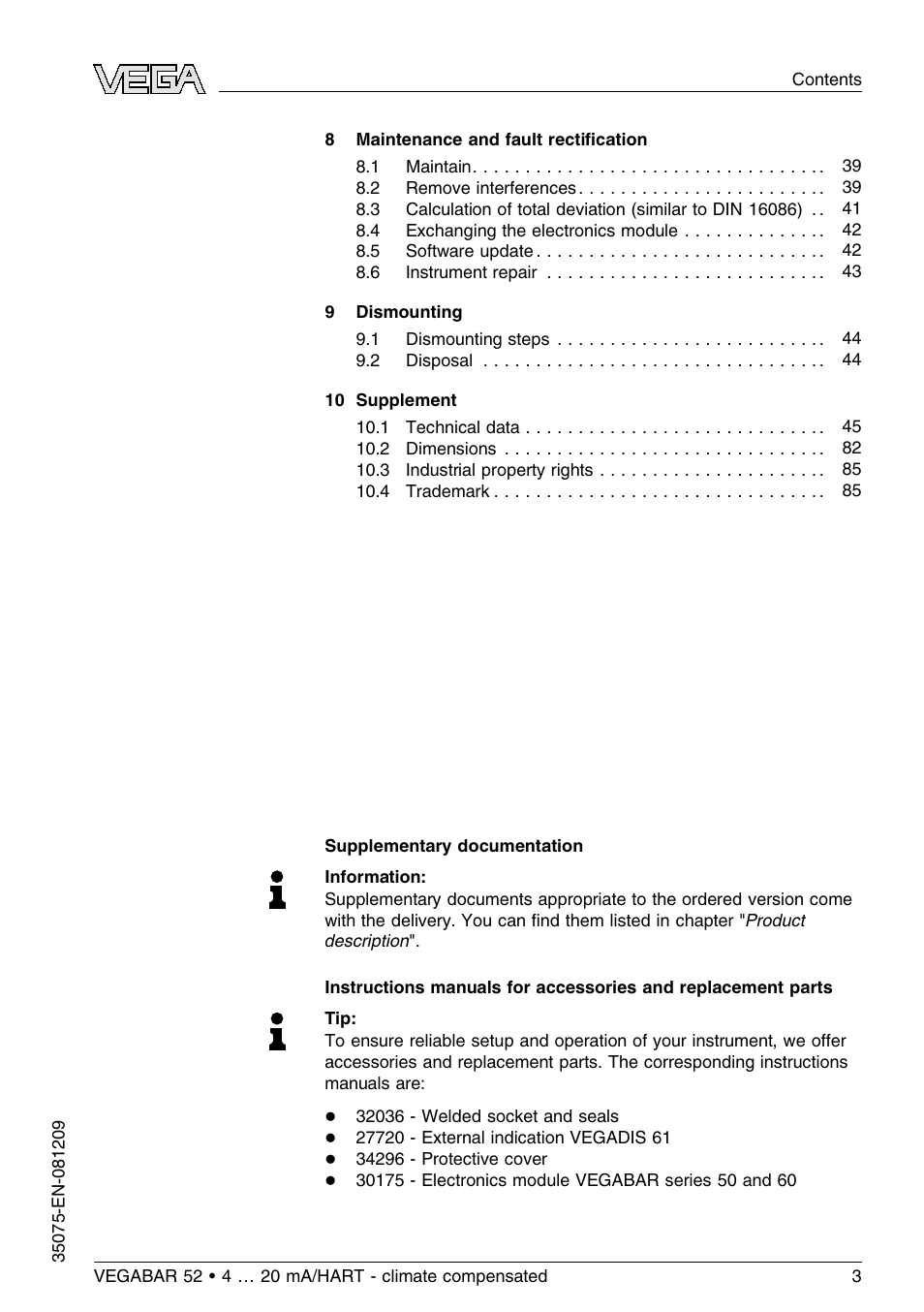 VEGA VEGABAR 52 - climate compensated User Manual | Page 3 / 88