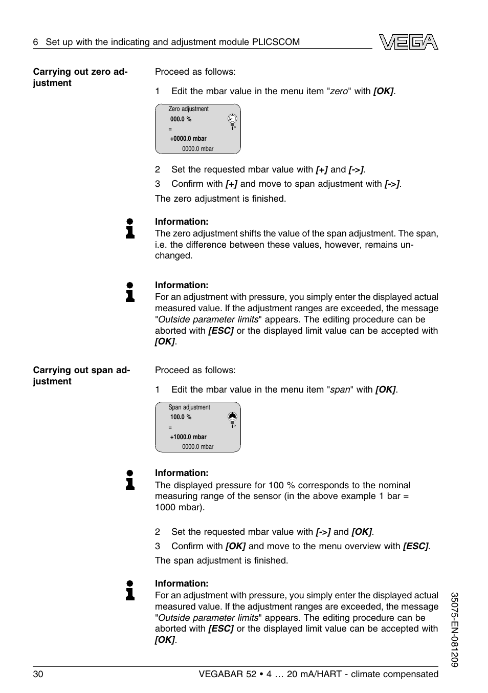 VEGA VEGABAR 52 - climate compensated User Manual | Page 30 / 88