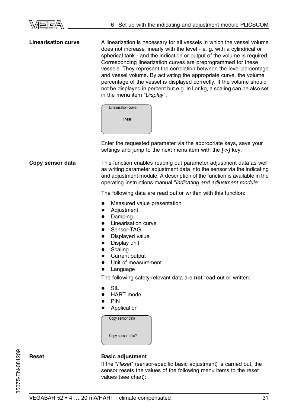 VEGA VEGABAR 52 - climate compensated User Manual | Page 31 / 88