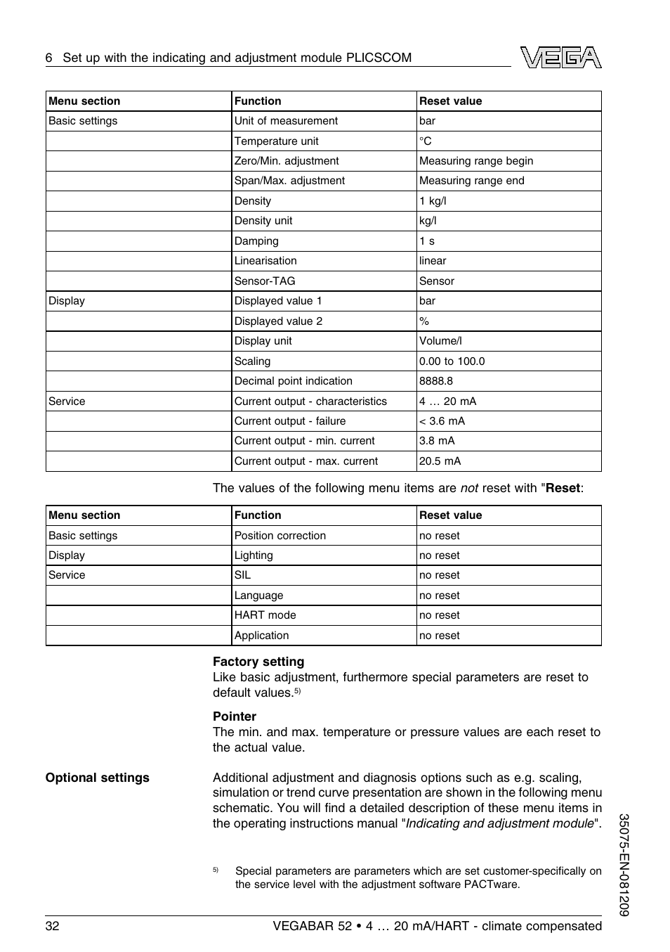 VEGA VEGABAR 52 - climate compensated User Manual | Page 32 / 88