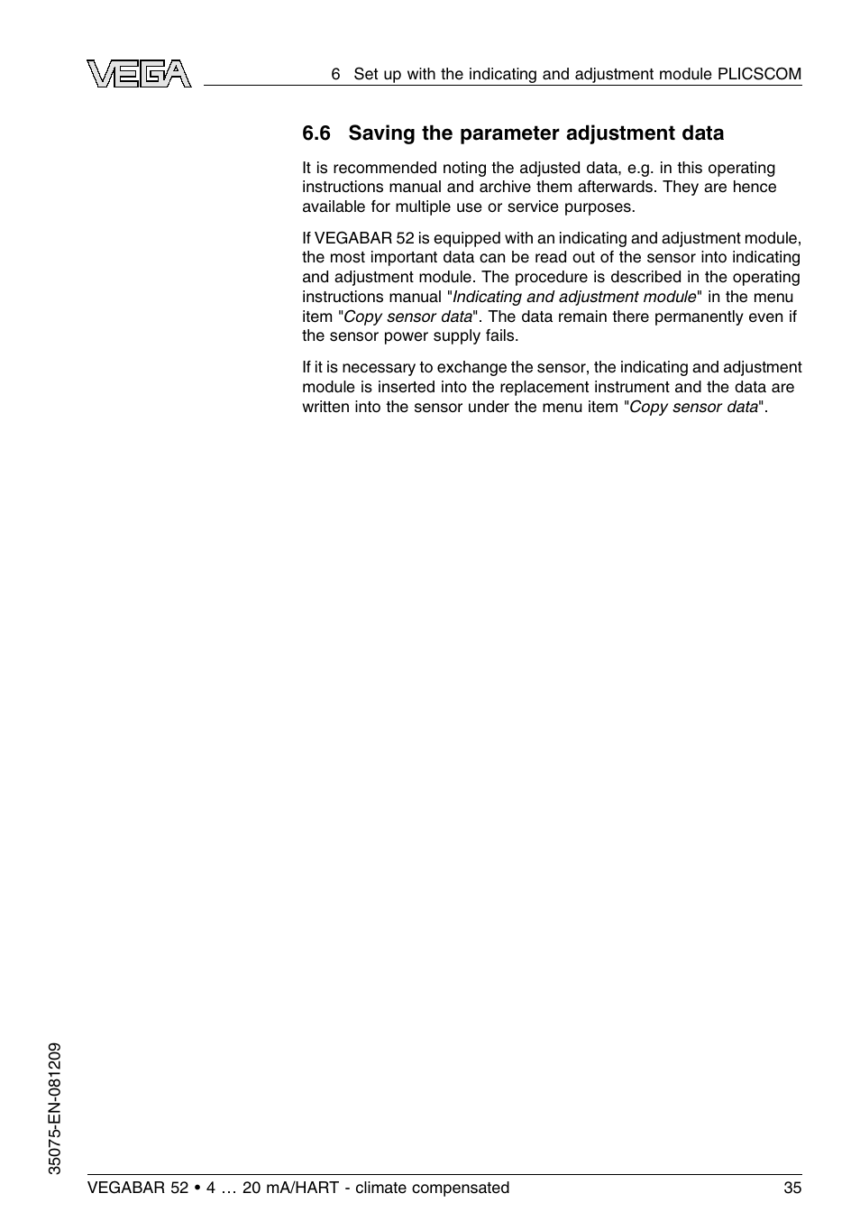6 saving the parameter adjustment data | VEGA VEGABAR 52 - climate compensated User Manual | Page 35 / 88