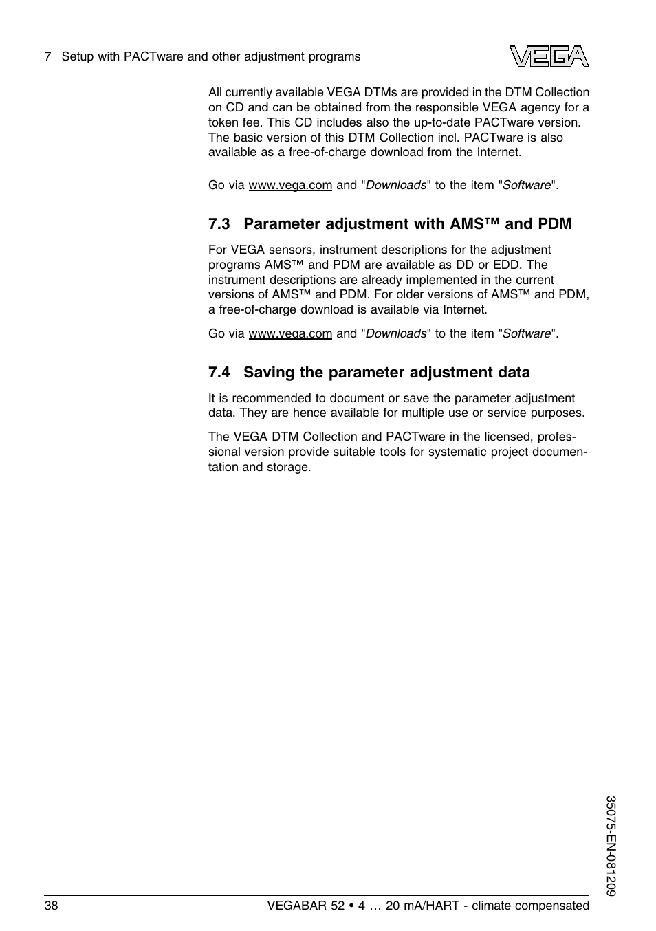 3 parameter adjustment with ams™ and pdm, 4 saving the parameter adjustment data | VEGA VEGABAR 52 - climate compensated User Manual | Page 38 / 88