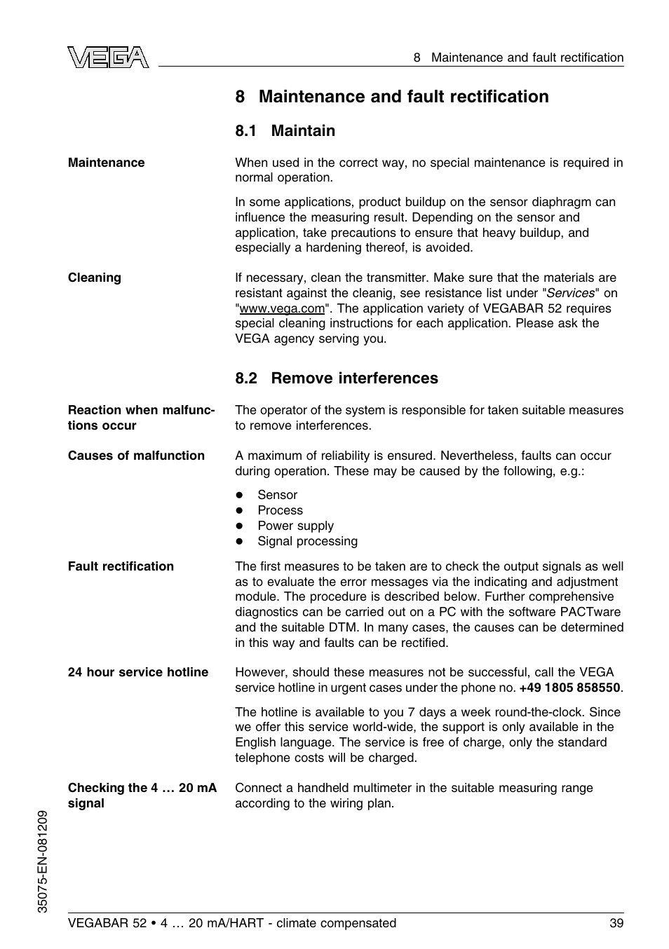 8 maintenance and fault rectification, 1 maintain, 2 remove interferences | 8 maintenance and fault rectiﬁcation | VEGA VEGABAR 52 - climate compensated User Manual | Page 39 / 88