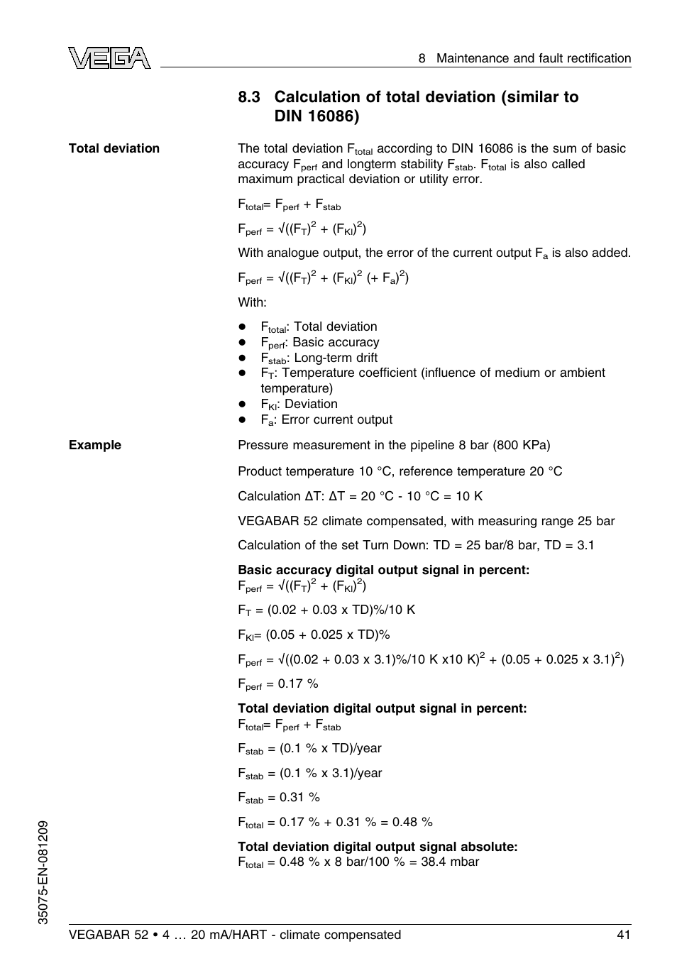 VEGA VEGABAR 52 - climate compensated User Manual | Page 41 / 88