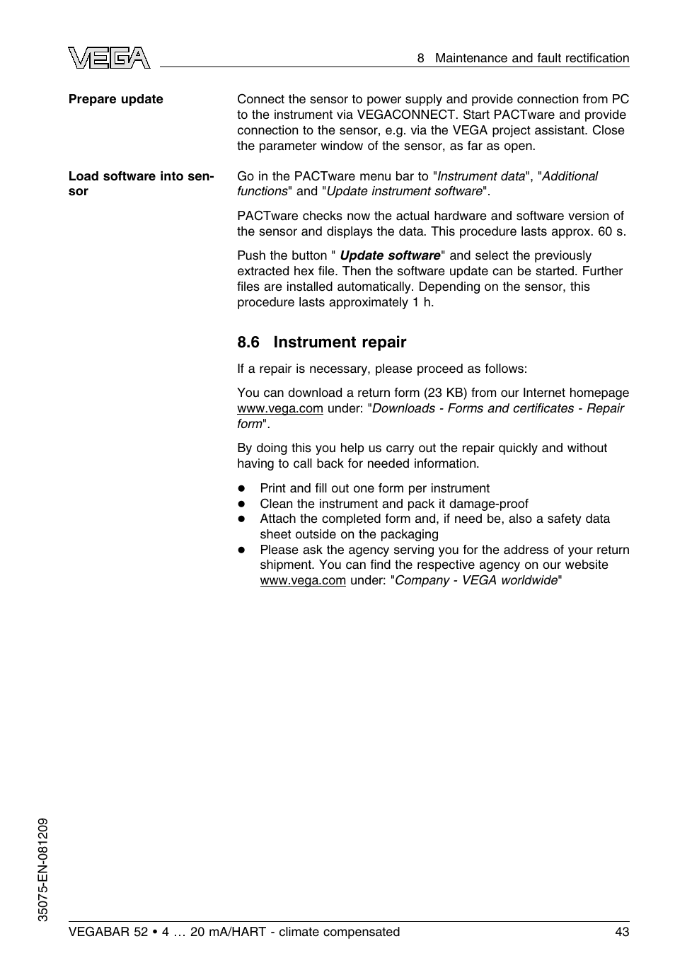 6 instrument repair | VEGA VEGABAR 52 - climate compensated User Manual | Page 43 / 88