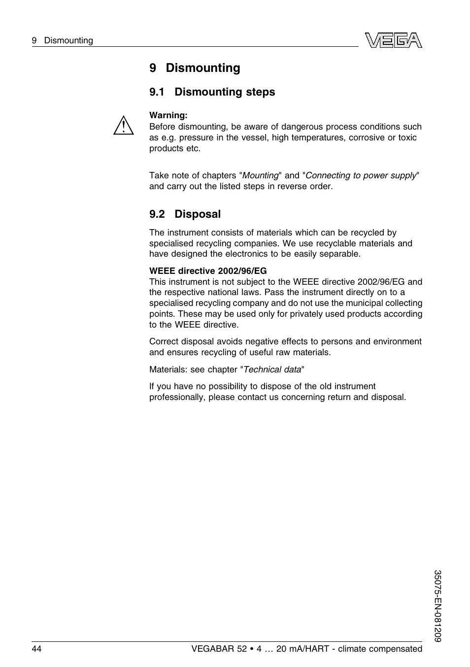 9 dismounting, 1 dismounting steps, 2 disposal | VEGA VEGABAR 52 - climate compensated User Manual | Page 44 / 88