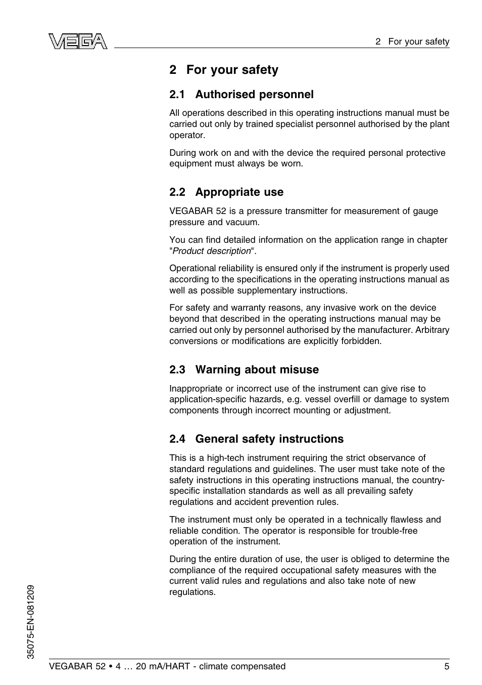 2 for your safety, 1 authorised personnel, 2 appropriate use | 3 warning about misuse, 4 general safety instructions | VEGA VEGABAR 52 - climate compensated User Manual | Page 5 / 88