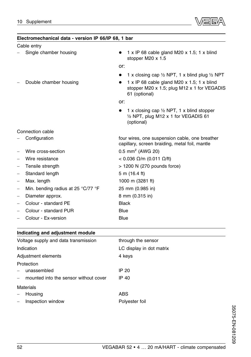 VEGA VEGABAR 52 - climate compensated User Manual | Page 52 / 88
