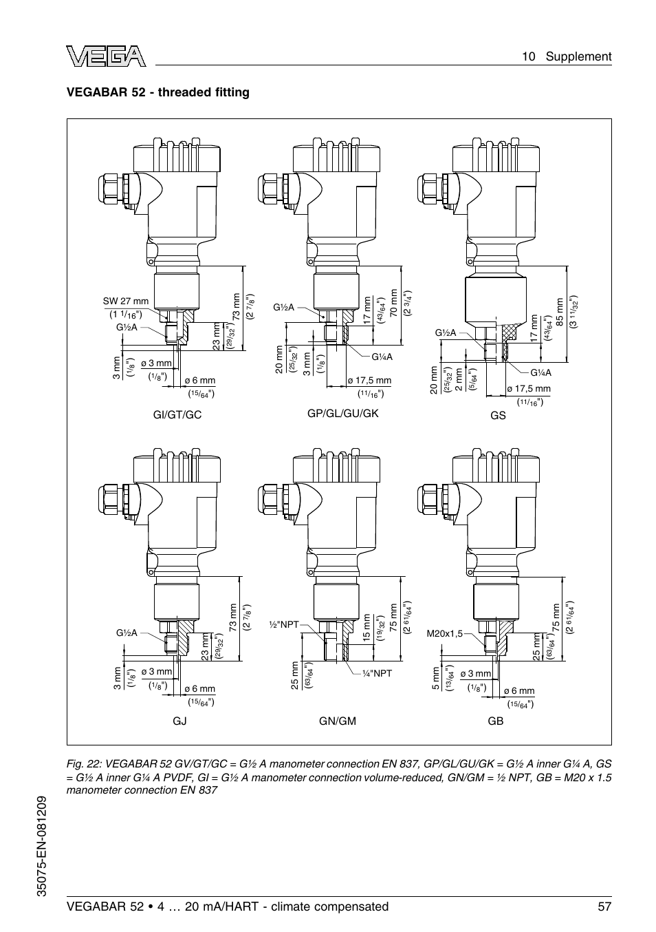 Vegabar 52 - threaded ﬁtting | VEGA VEGABAR 52 - climate compensated User Manual | Page 57 / 88