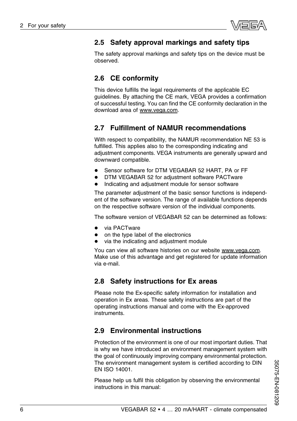 5 safety approval markings and safety tips, 6 ce conformity, 7 fulfillment of namur recommendations | 8 safety instructions for ex areas, 9 environmental instructions, 7 fulﬁllment of namur recommendations | VEGA VEGABAR 52 - climate compensated User Manual | Page 6 / 88