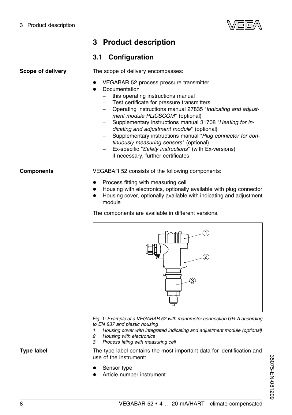 3 product description, 1 configuration, 1 conﬁguration | VEGA VEGABAR 52 - climate compensated User Manual | Page 8 / 88