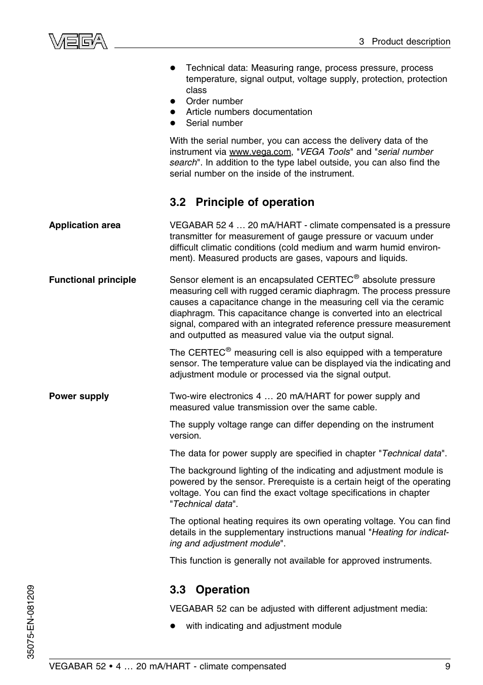 2 principle of operation, 3 operation | VEGA VEGABAR 52 - climate compensated User Manual | Page 9 / 88