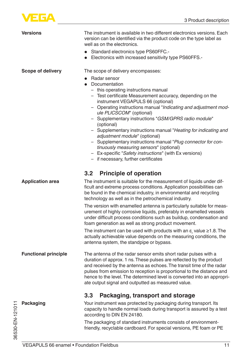 2 principle of operation, 3 packaging, transport and storage | VEGA VEGAPULS 66 (≥ 2.0.0 - ≥ 4.0.0) enamel Foundation Fieldbus User Manual | Page 11 / 80