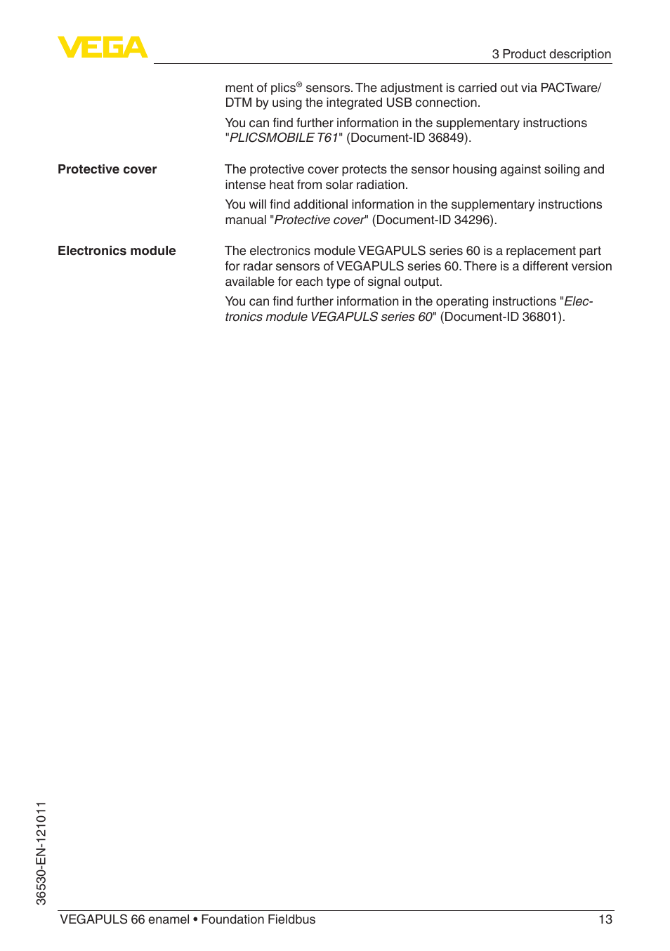 VEGA VEGAPULS 66 (≥ 2.0.0 - ≥ 4.0.0) enamel Foundation Fieldbus User Manual | Page 13 / 80
