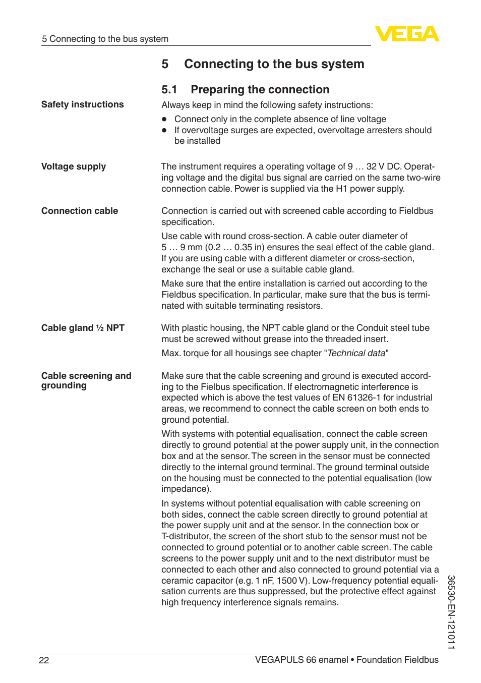 5 connecting to the bus system, 1 preparing the connection | VEGA VEGAPULS 66 (≥ 2.0.0 - ≥ 4.0.0) enamel Foundation Fieldbus User Manual | Page 22 / 80